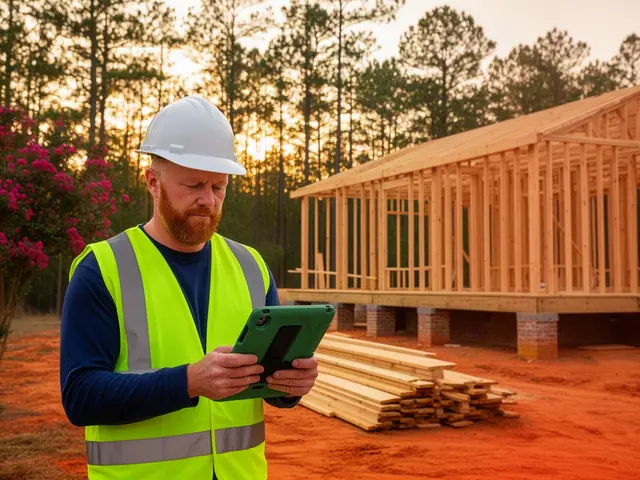 Builder in a white hard hat and safety vest checking a tablet beside a new timber house frame
