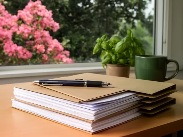 Stack of papers and kraft file folders with a pen on a desk by a window with a basil plant and green mug