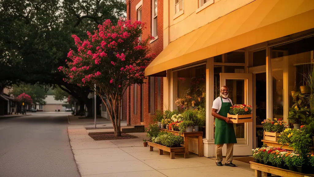 Smiling florist in a green apron carrying a crate of flowers outside his shop on a tree-lined street