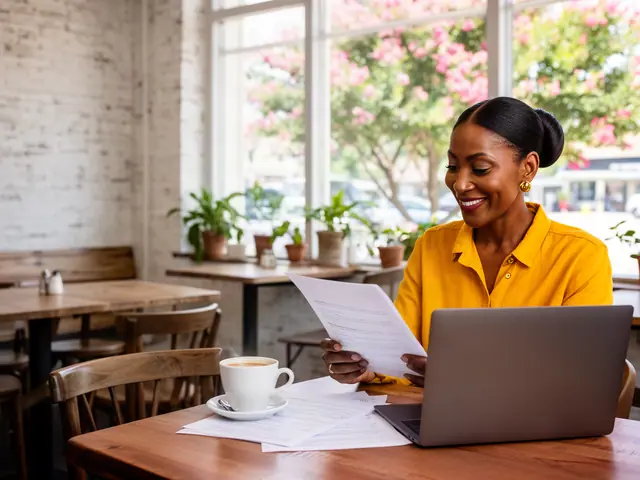 Smiling café owner in a yellow shirt reviewing papers with a laptop and coffee in her empty dining room