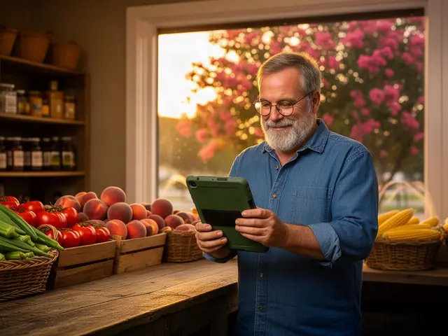 Smiling produce-market owner in glasses checking a tablet behind a counter of peaches, tomatoes and okra
