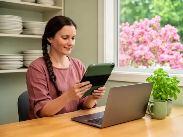 Woman with a long braid reviewing a tablet at a desk with a laptop, mug and basil plant