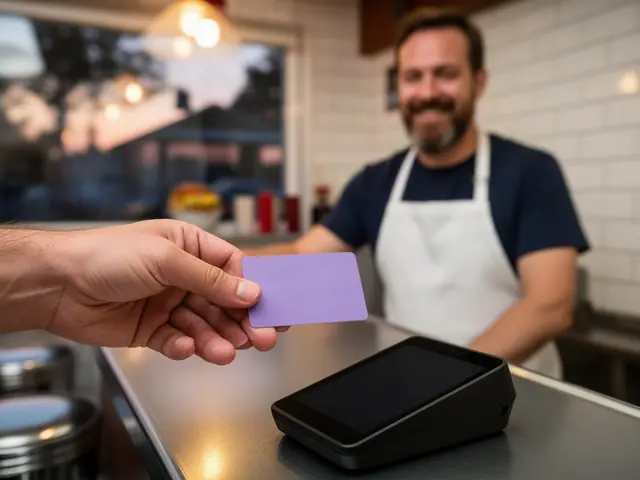 Customer's hand holding a lavender card above a black card terminal at a diner counter, smiling owner behind