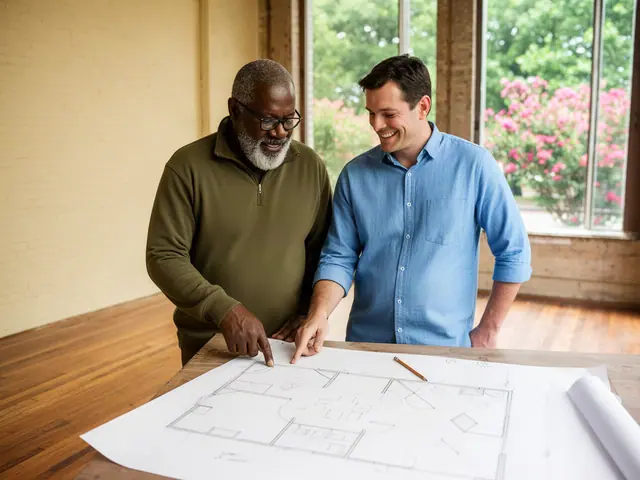 Two business partners smiling over a pencil floor-plan sketch in an empty brick storefront