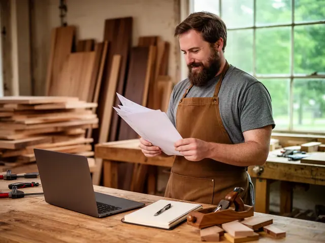 Bearded woodworker in a brown apron reviewing papers at a workbench in his furniture workshop